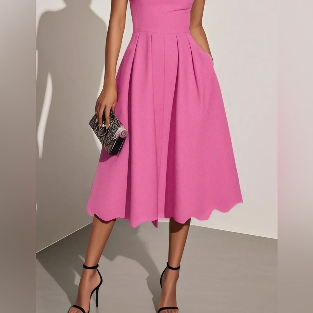 Fehaute Scalloped Square Neck Short Sleeve A-Line Midi Dress in Rose Red 4 NWOT - Picture 3 of 15
